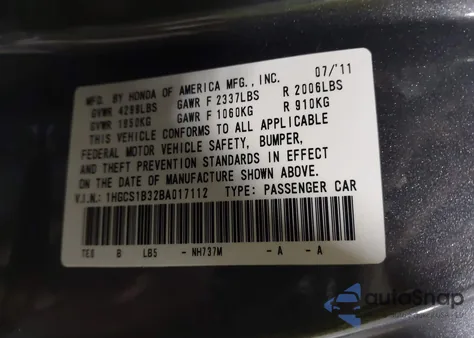 2011 Honda Accord 2.4 Lx-S z USA, uszkodzony, nr VIN 1HGCS1B32BA017112